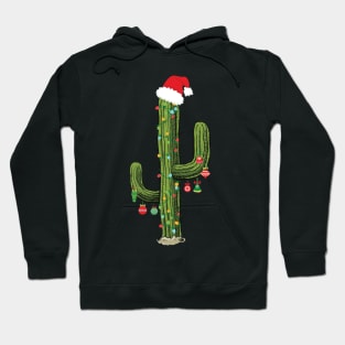 Cactus Christmas Tree Lights Wearing Santa Hat Hoodie